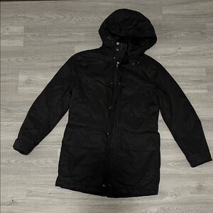 H&M Men's Thick Black Jacket with Hood, Drawstring Waist, Padded Lining, Pockets